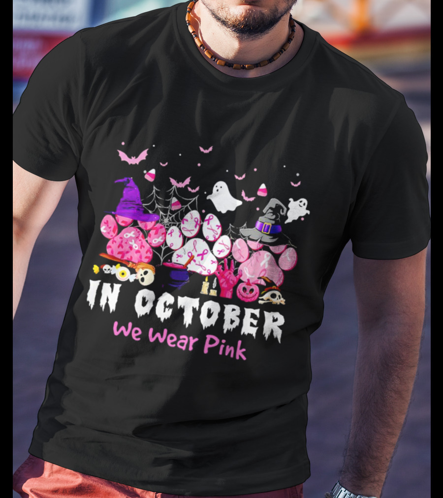 In October We Wear Pink Halloween Dog Paws Ghost Witch Hat T-Shirt