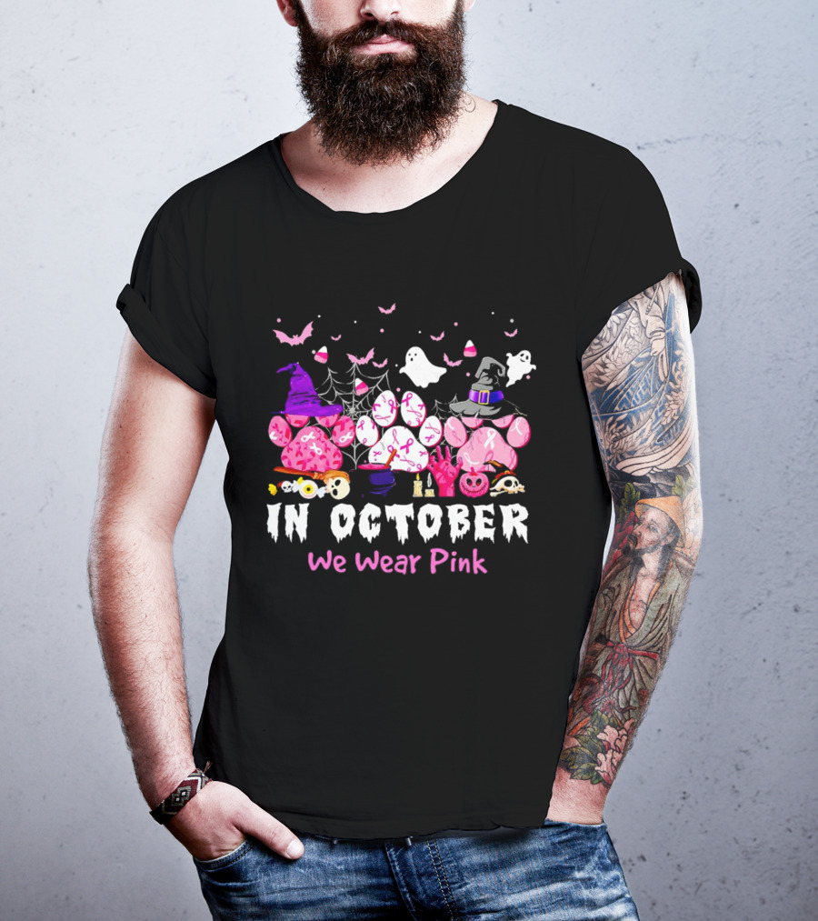 In October We Wear Pink Halloween Dog Paws Ghost Witch Hat T-Shirt