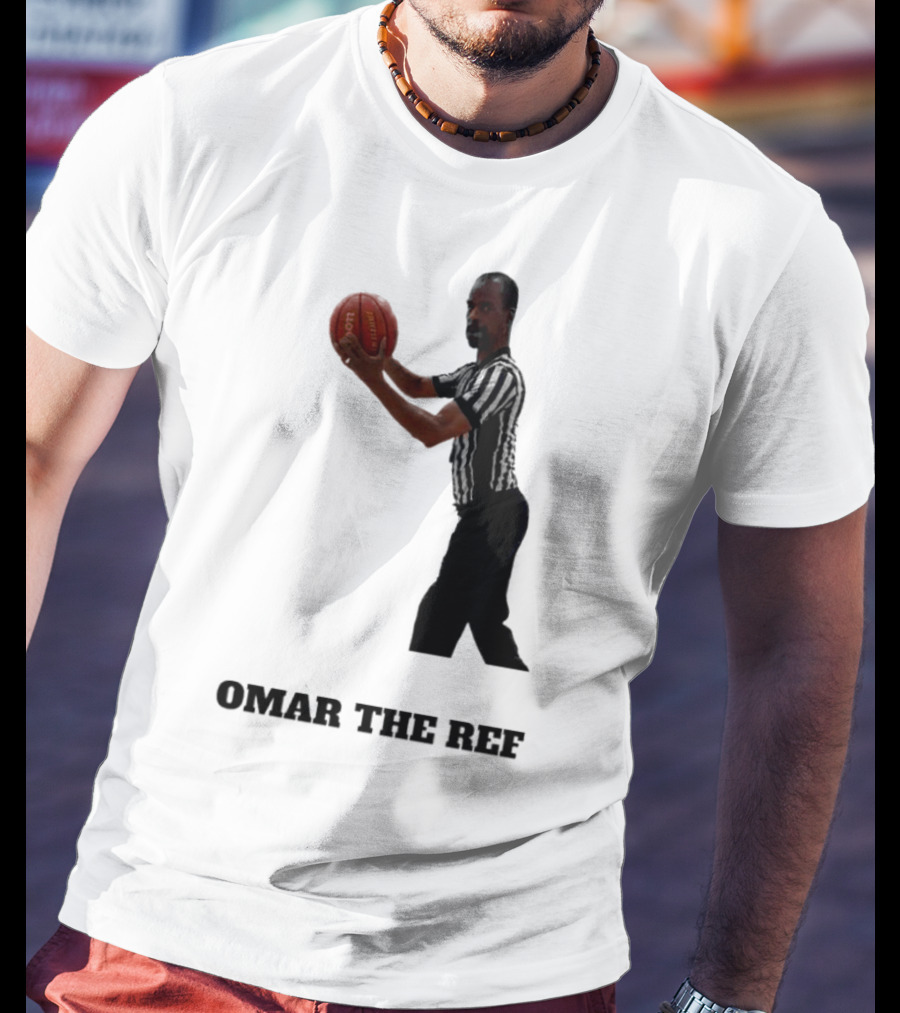 Omar The Ref Holding Basketball In Striped Uniform T-Shirt