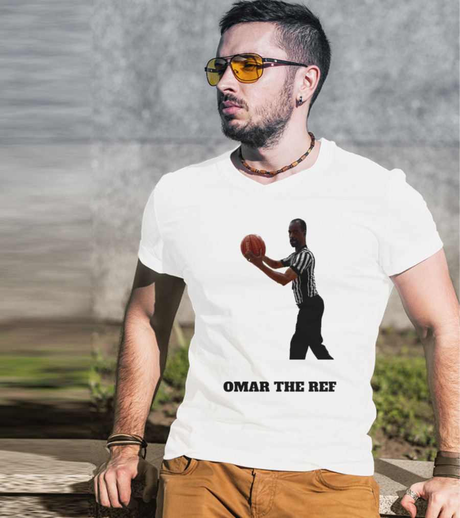 Omar The Ref Holding Basketball In Striped Uniform T-Shirt