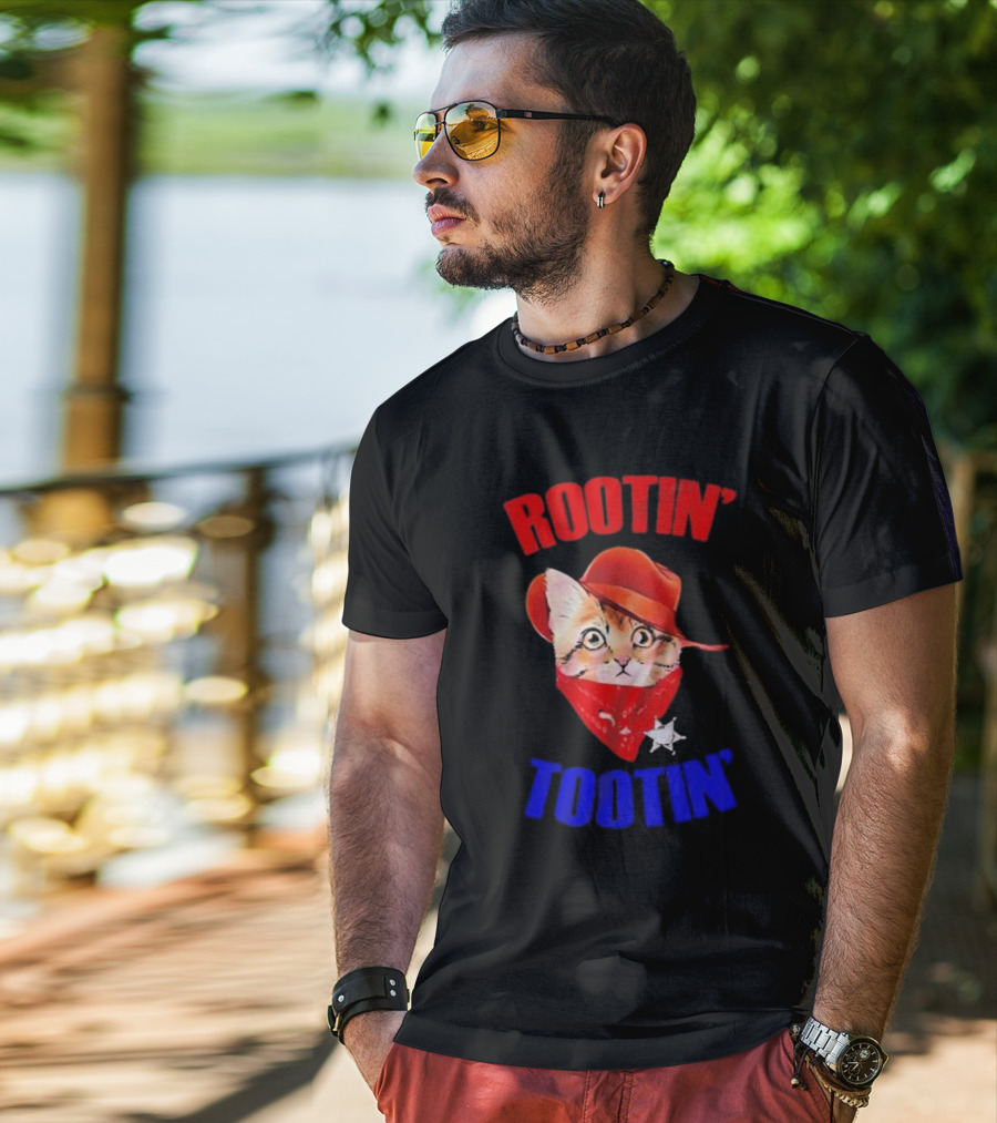 Rootin Tootin Cat Cowboy Vintage Red Hat And Bandana With Sheriff Star T-Shirt