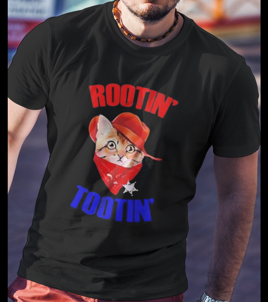 Rootin Tootin Cat Cowboy Vintage Red Hat And Bandana With Sheriff Star T-Shirt