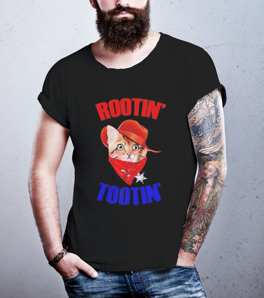 Rootin Tootin Cat Cowboy Vintage Red Hat And Bandana With Sheriff Star T-Shirt