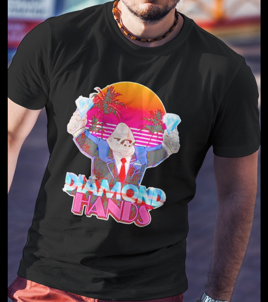 Diamond Hands Gorilla In Suit With Dollars And Vintage Sunset Background T-Shirt