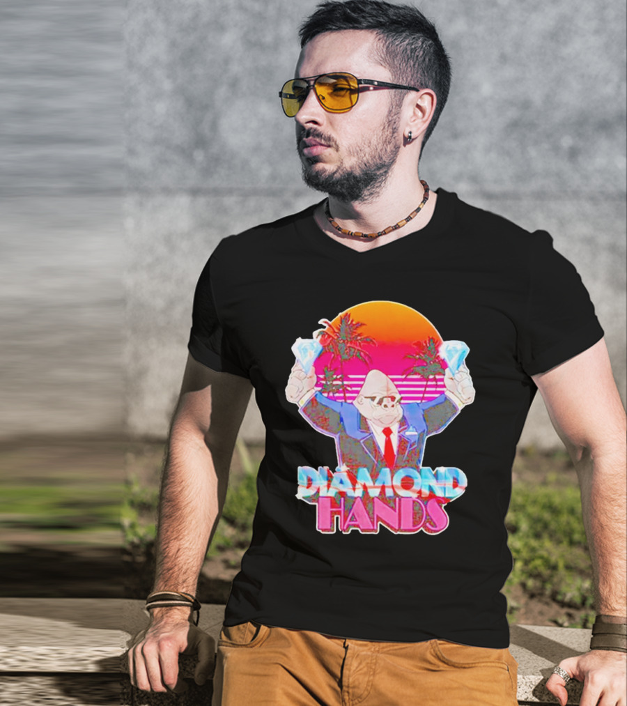Diamond Hands Gorilla In Suit With Dollars And Vintage Sunset Background T-Shirt