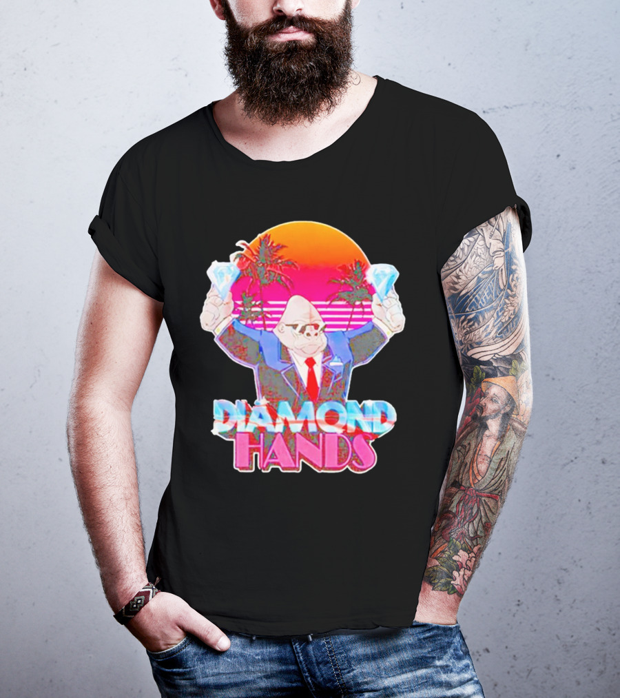 Diamond Hands Gorilla In Suit With Dollars And Vintage Sunset Background T-Shirt