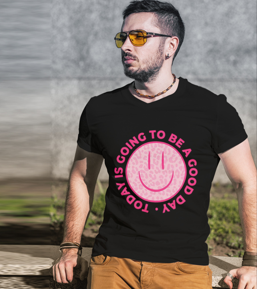 Preppy Pink Leopard Smiley Face Today Is Going To Be A Good Day T-Shirt