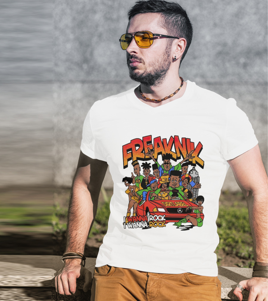 FreakNik I Wanna Rock Cartoon Characters In Red Car T-Shirt
