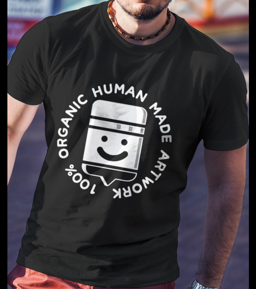 100% Organic Human Made Artwork Smiley Face Badge T-Shirt