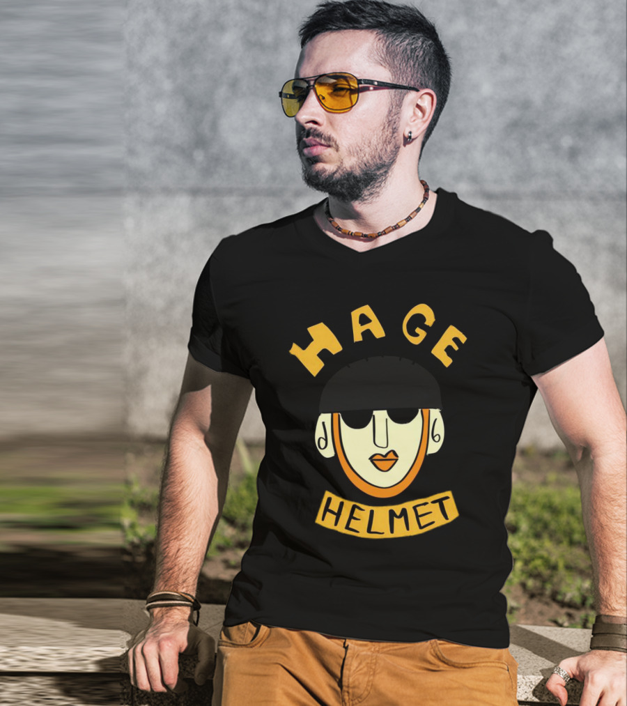 HAGE Helmet Face Black Cap Bold Lettering T-Shirt