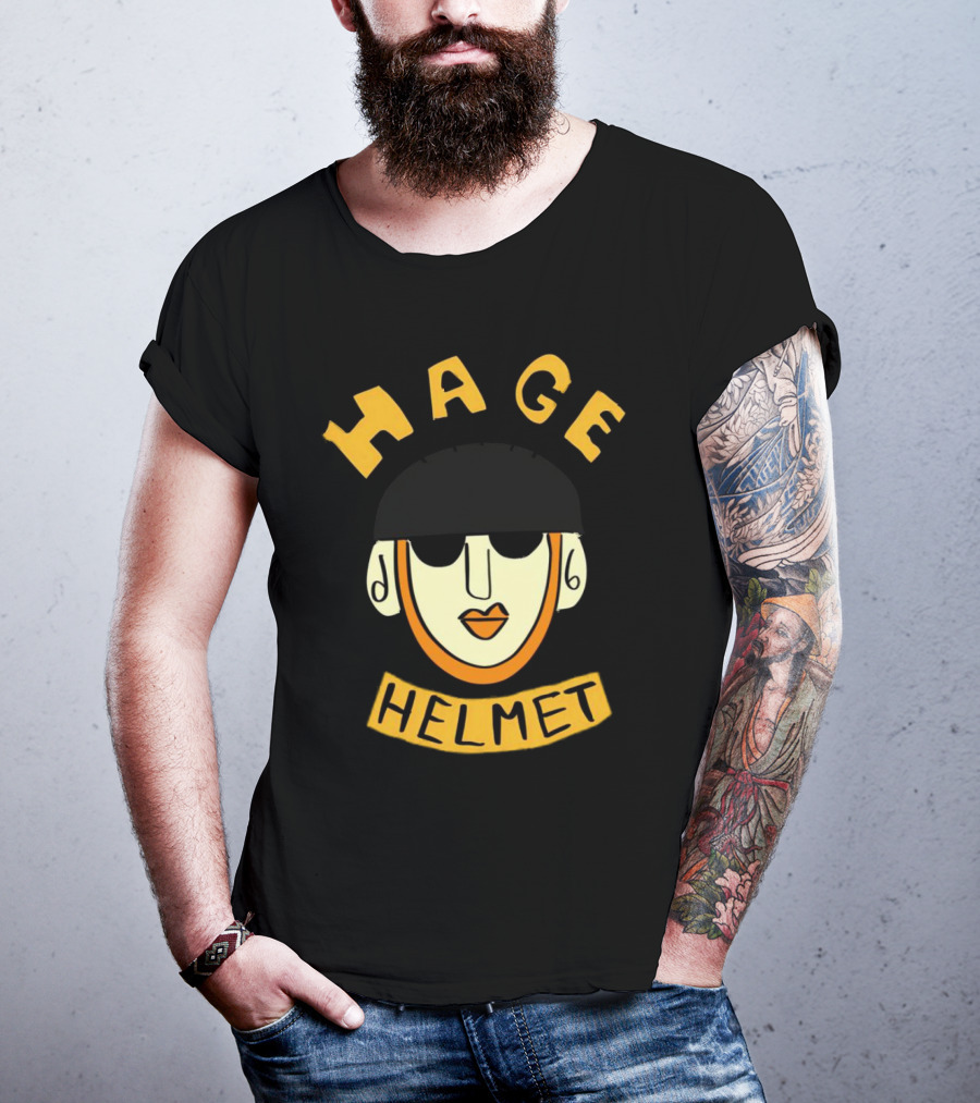 HAGE Helmet Face Black Cap Bold Lettering T-Shirt