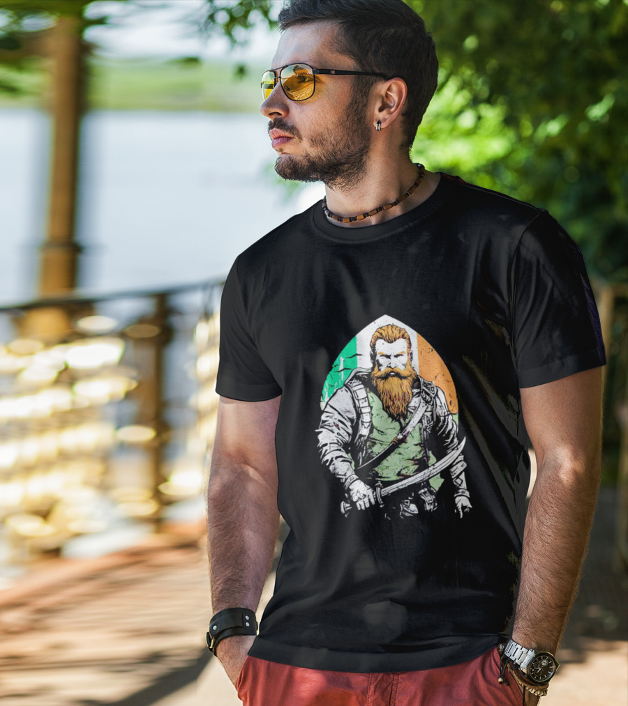 Irish American Pride Warrior With Sword And Flag Background T-Shirt