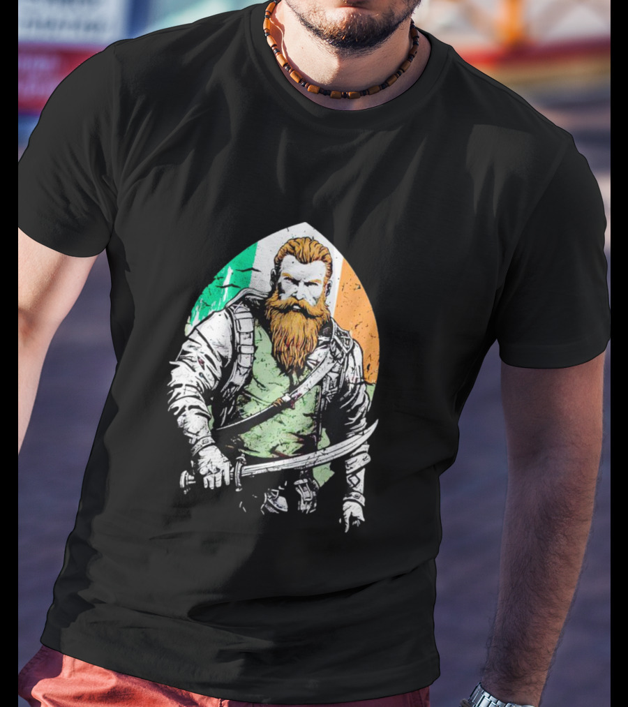 Irish American Pride Warrior With Sword And Flag Background T-Shirt