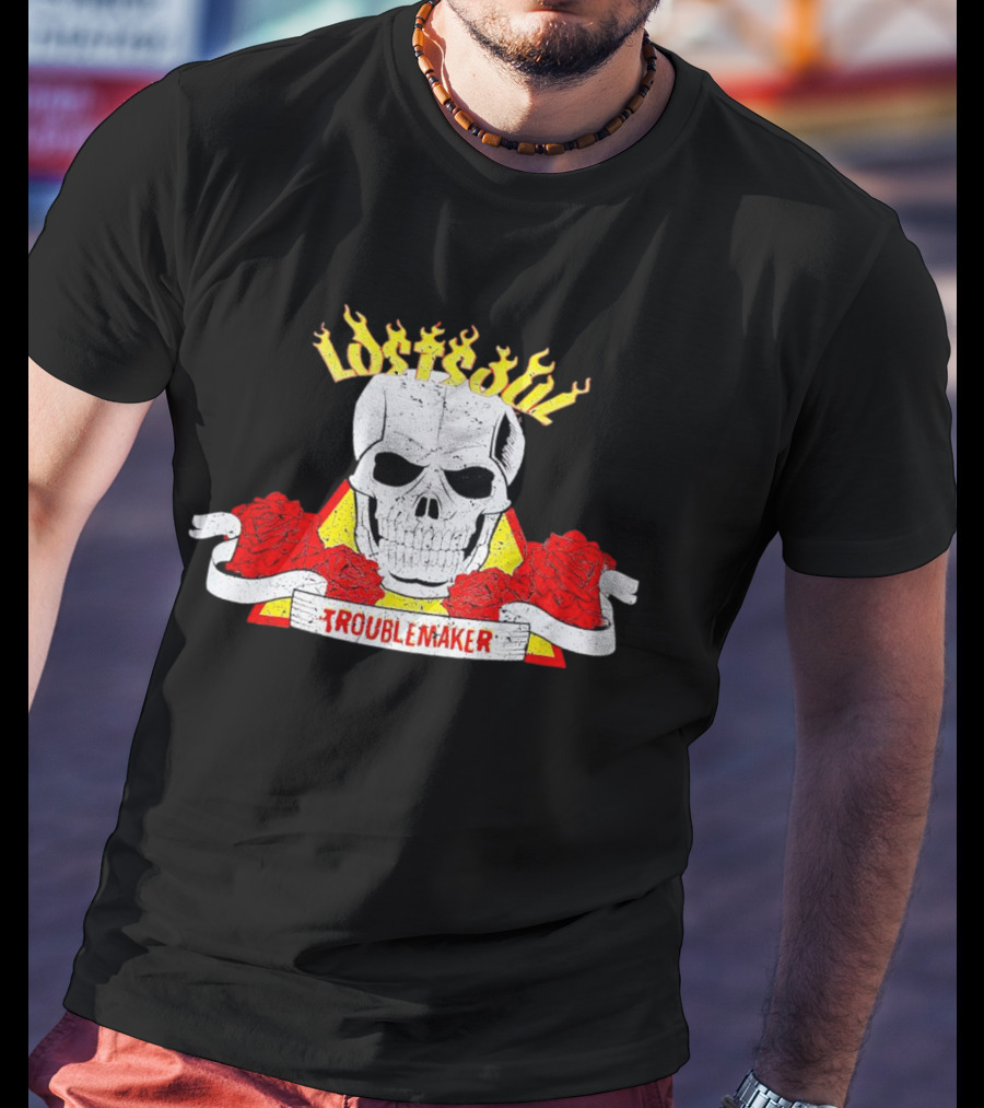 Lost Soul Skull With Flaming Text And Red Roses Troublemaker T-Shirt