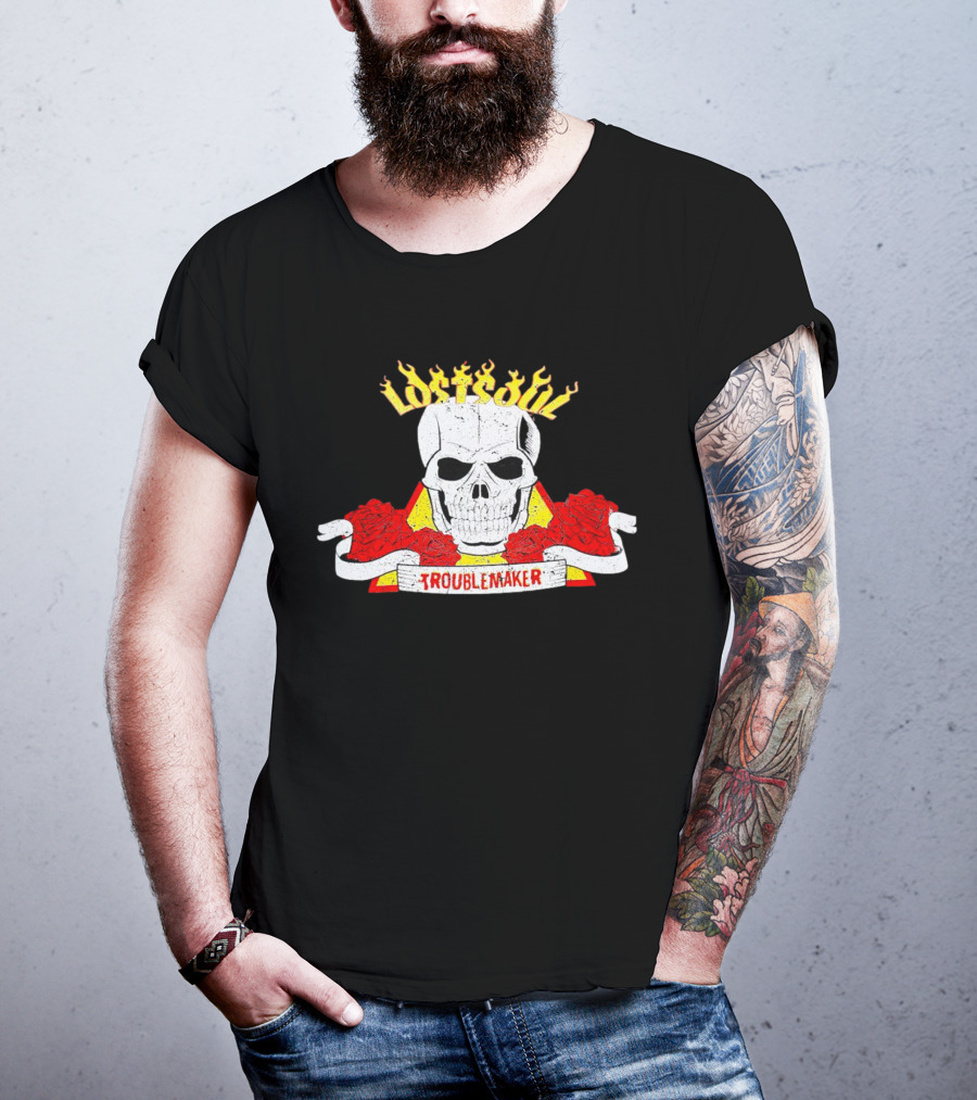 Lost Soul Skull With Flaming Text And Red Roses Troublemaker T-Shirt