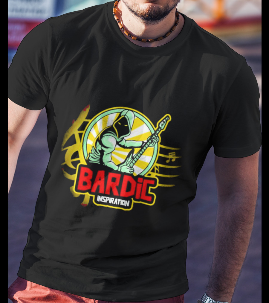 Bardic Inspiration Musical Hooded Figure With Guitar And Notes T-Shirt