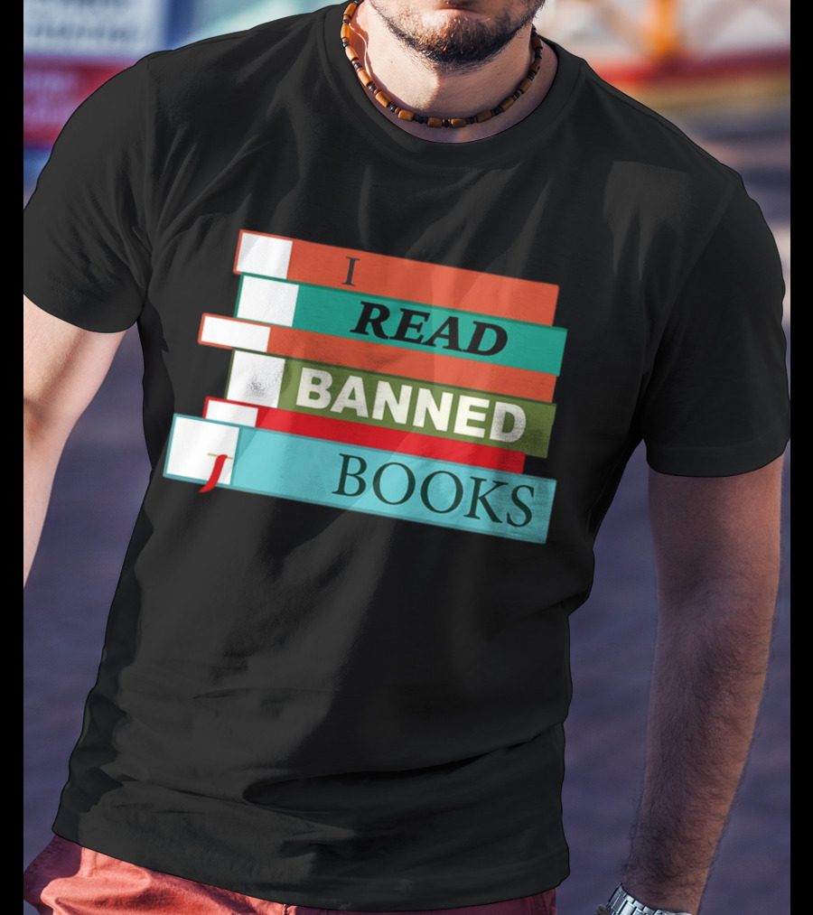 I Read Banned Books Stacked Colorful Titles T-Shirt