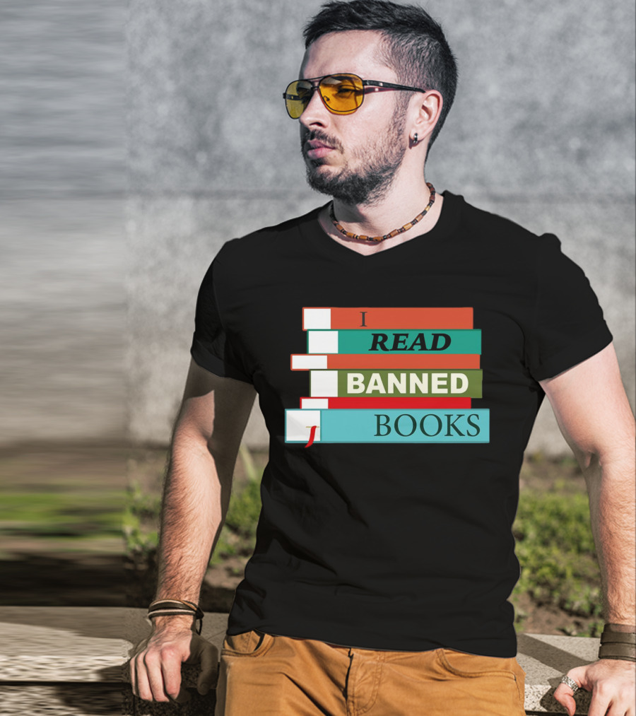 I Read Banned Books Stacked Colorful Titles T-Shirt