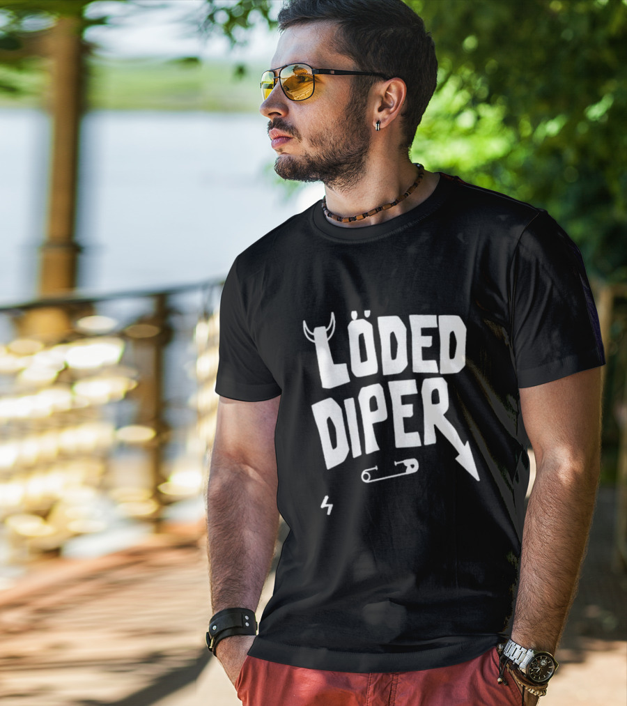 Löded Diper Band Logo With Horns, Arrow, Safety Pin, And Lightning Bolt T-Shirt