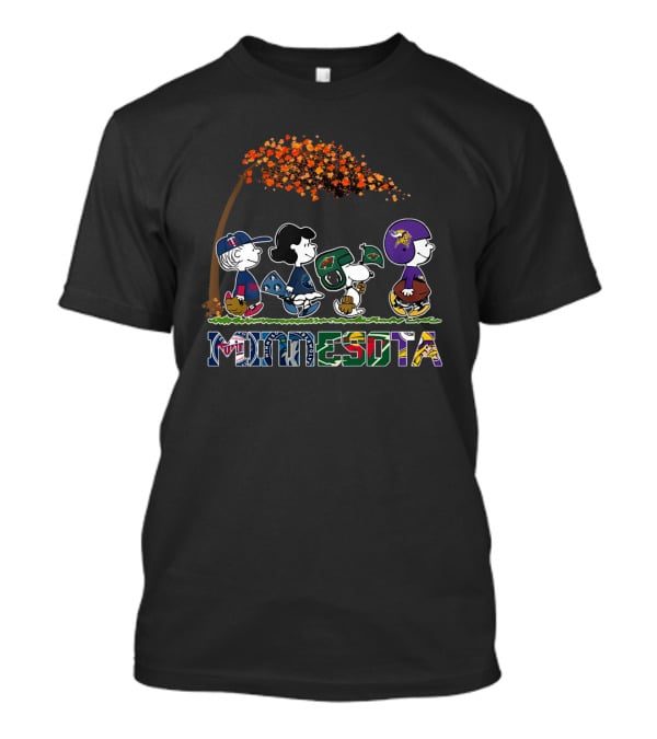 Minnesota Peanuts Characters In Sports Attire Walking Under Autumn Tree T-Shirt