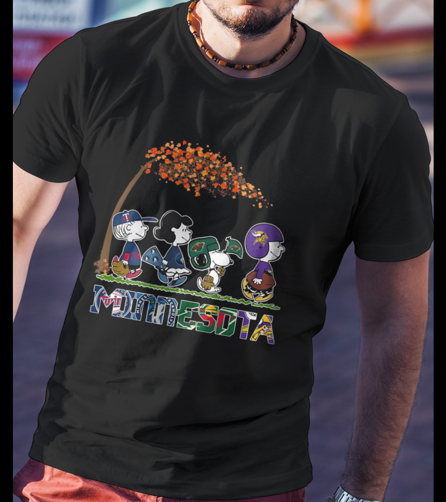 Minnesota Peanuts Characters In Sports Attire Walking Under Autumn Tree T-Shirt