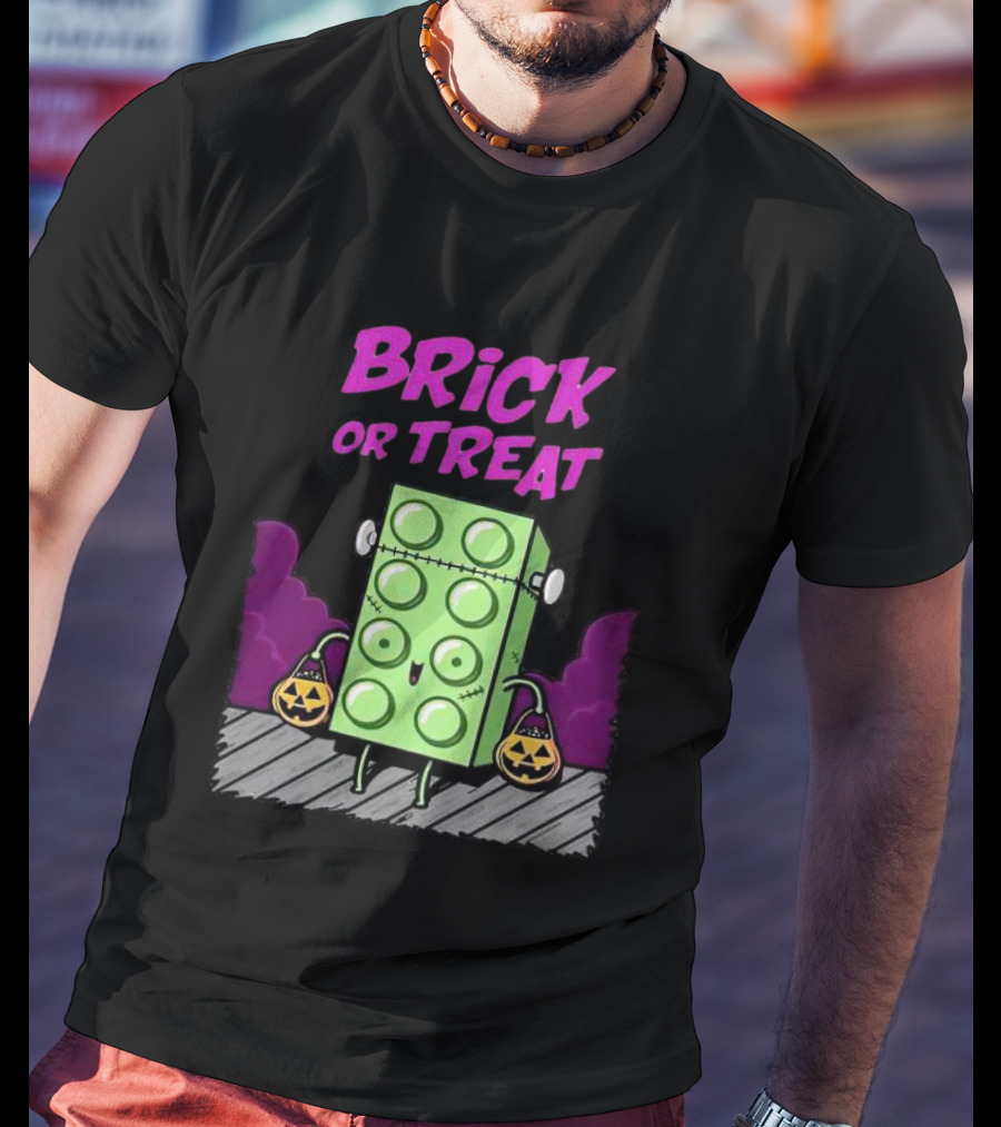 Brick Or Treat Halloween Green Block With Jack-o'-Lanterns Cartoon T-Shirt