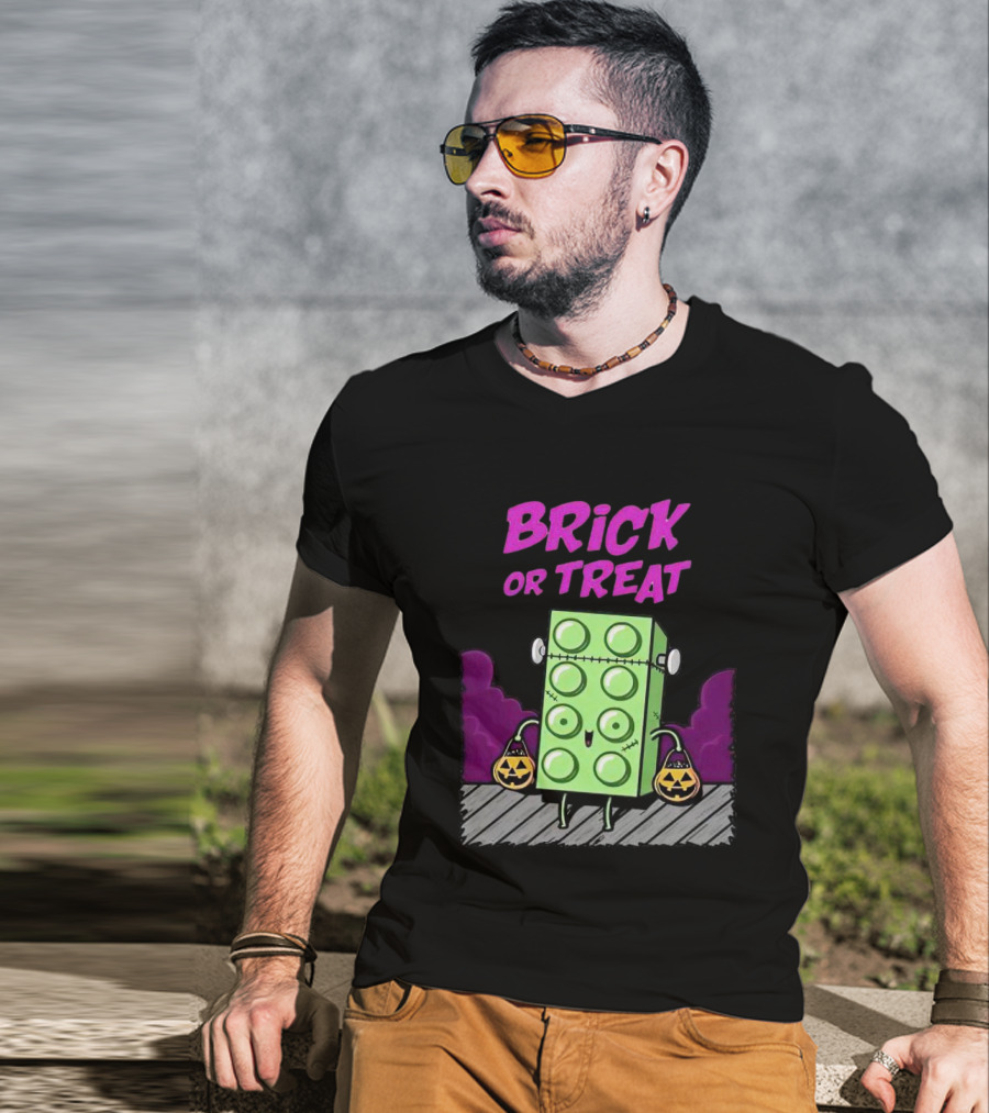 Brick Or Treat Halloween Green Block With Jack-o'-Lanterns Cartoon T-Shirt