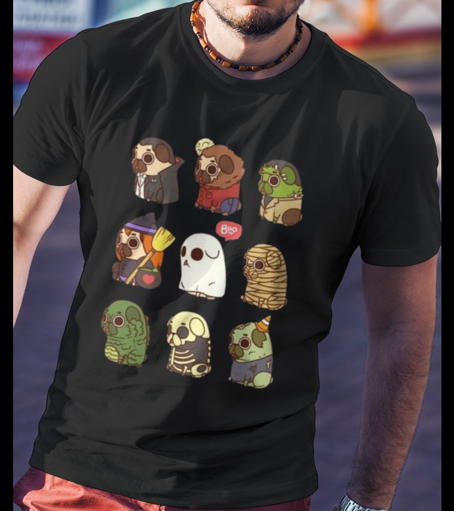 Halloween Puglie Vampire Werewolf Zombie Witch Ghost Mummy Creature Skeleton Clown T-Shirt