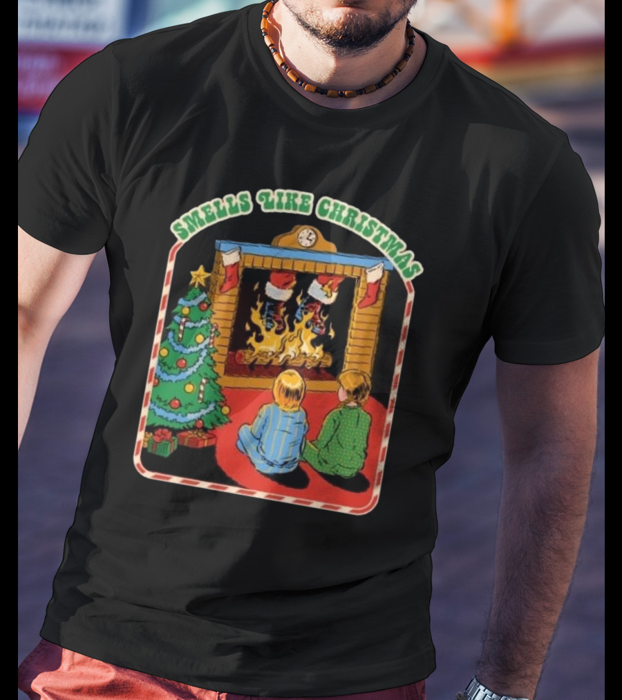 Smells Like Christmas By The Fireplace With Christmas Tree And Stockings T-Shirt