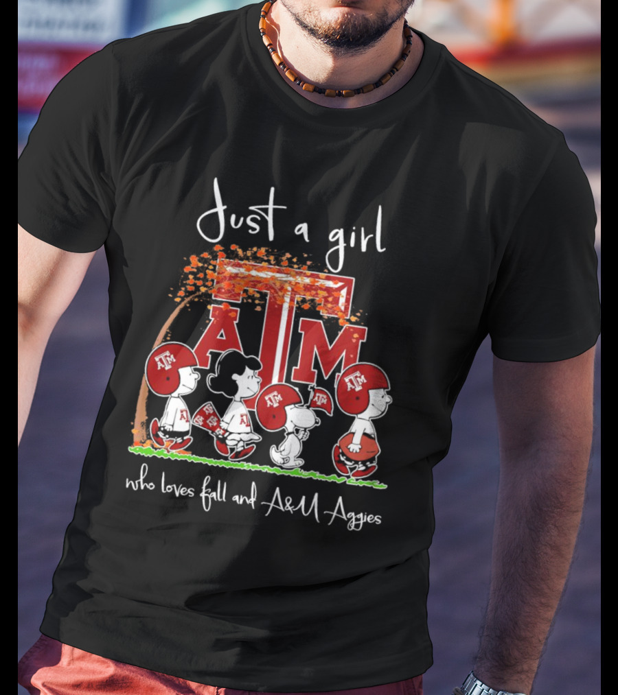 Just A Girl Who Loves Fall And Texas A&M Aggies With Peanuts Characters T-Shirt