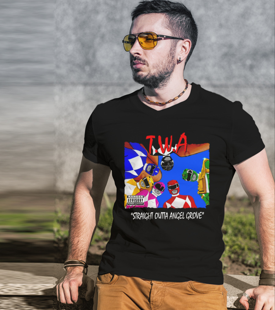 T.W.A Mighty Morphin Power Rangers Straight Outta Angel Grove Ranger Advisory Power Content T-Shirt