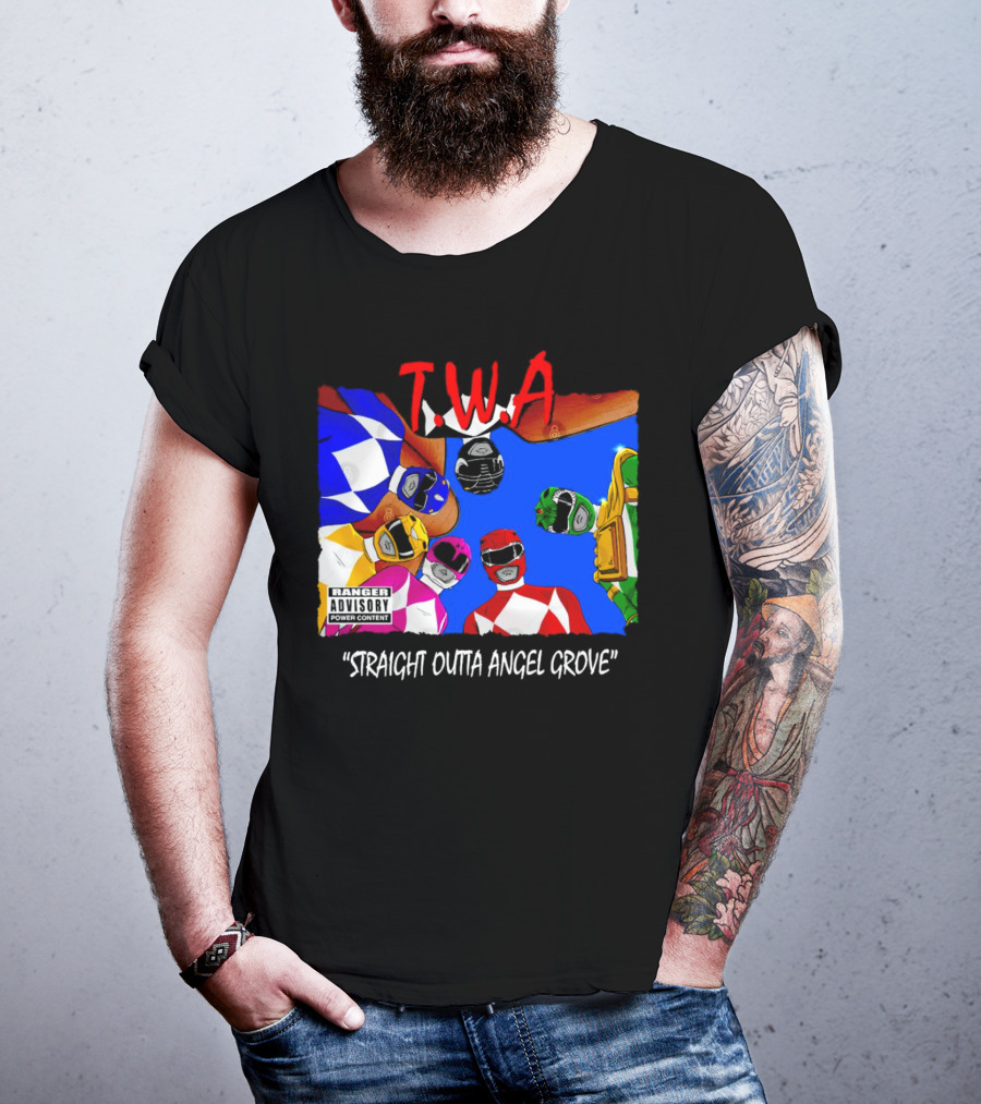 T.W.A Mighty Morphin Power Rangers Straight Outta Angel Grove Ranger Advisory Power Content T-Shirt