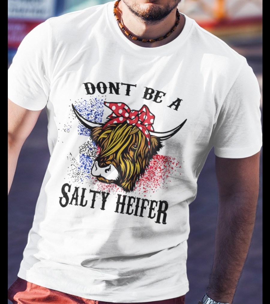 Don't Be A Salty Heifer Highland Cow With American Flag Colors T-Shirt