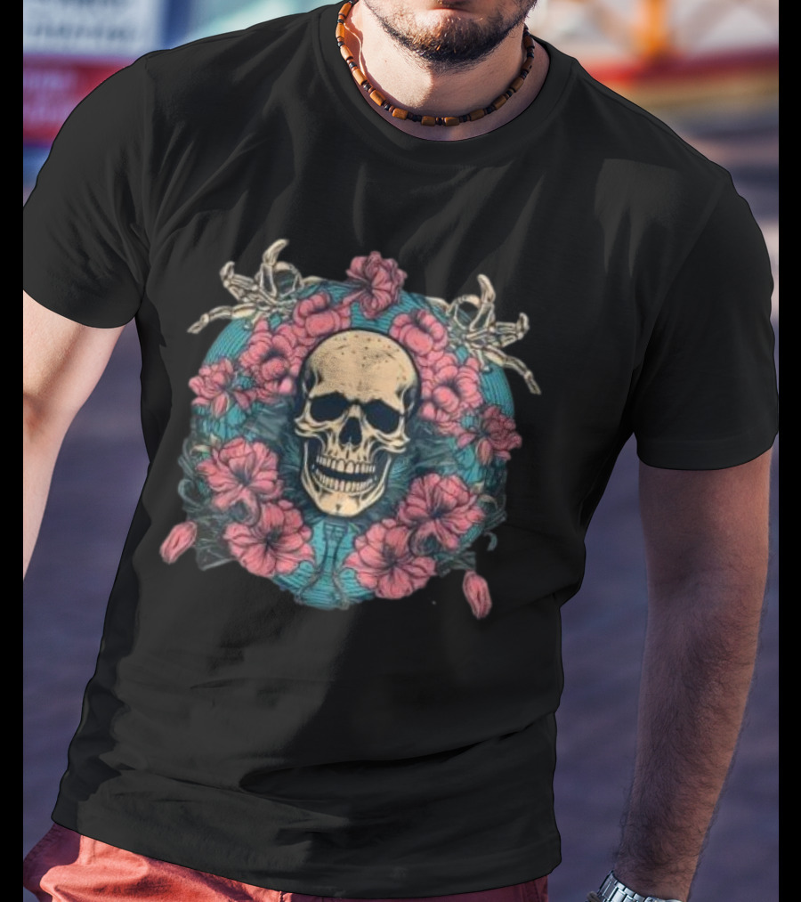 Tropical Skull Surrounded By Flowers Halloween T-Shirt