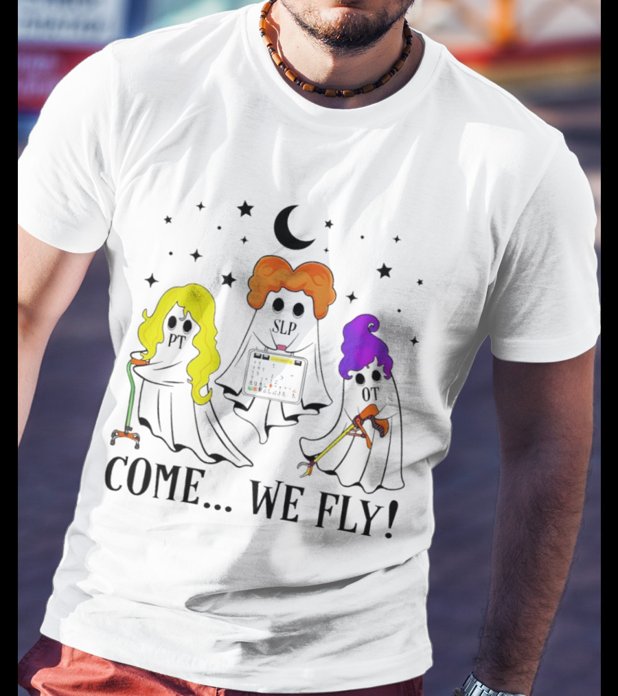 Hocus Pocus Come We Fly PT SLP OT Halloween Ghosts Black Cloaks Moon Stars T-Shirt