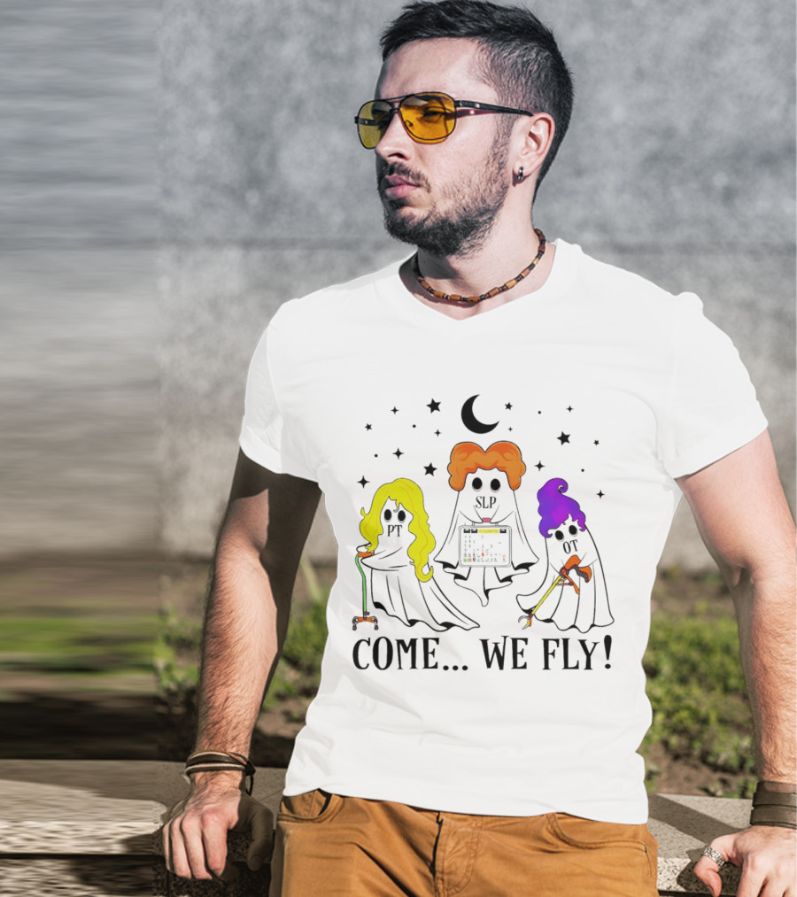 Hocus Pocus Come We Fly PT SLP OT Halloween Ghosts Black Cloaks Moon Stars T-Shirt