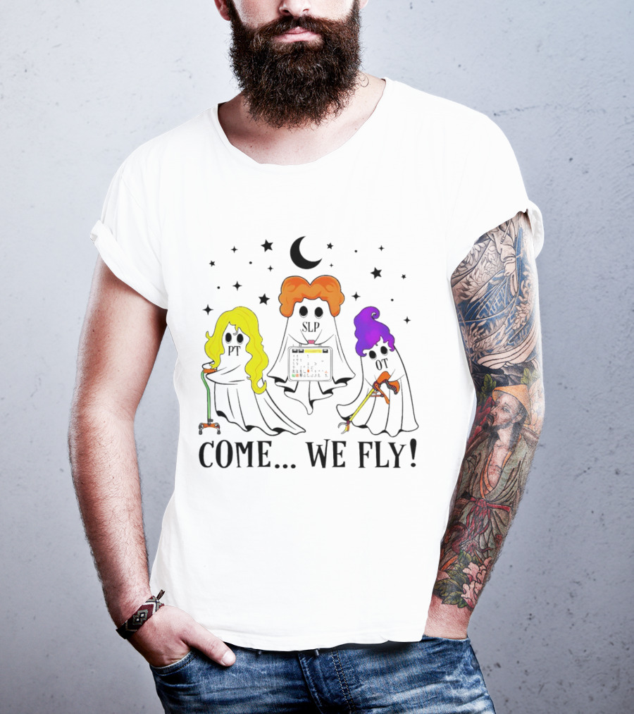 Hocus Pocus Come We Fly PT SLP OT Halloween Ghosts Black Cloaks Moon Stars T-Shirt