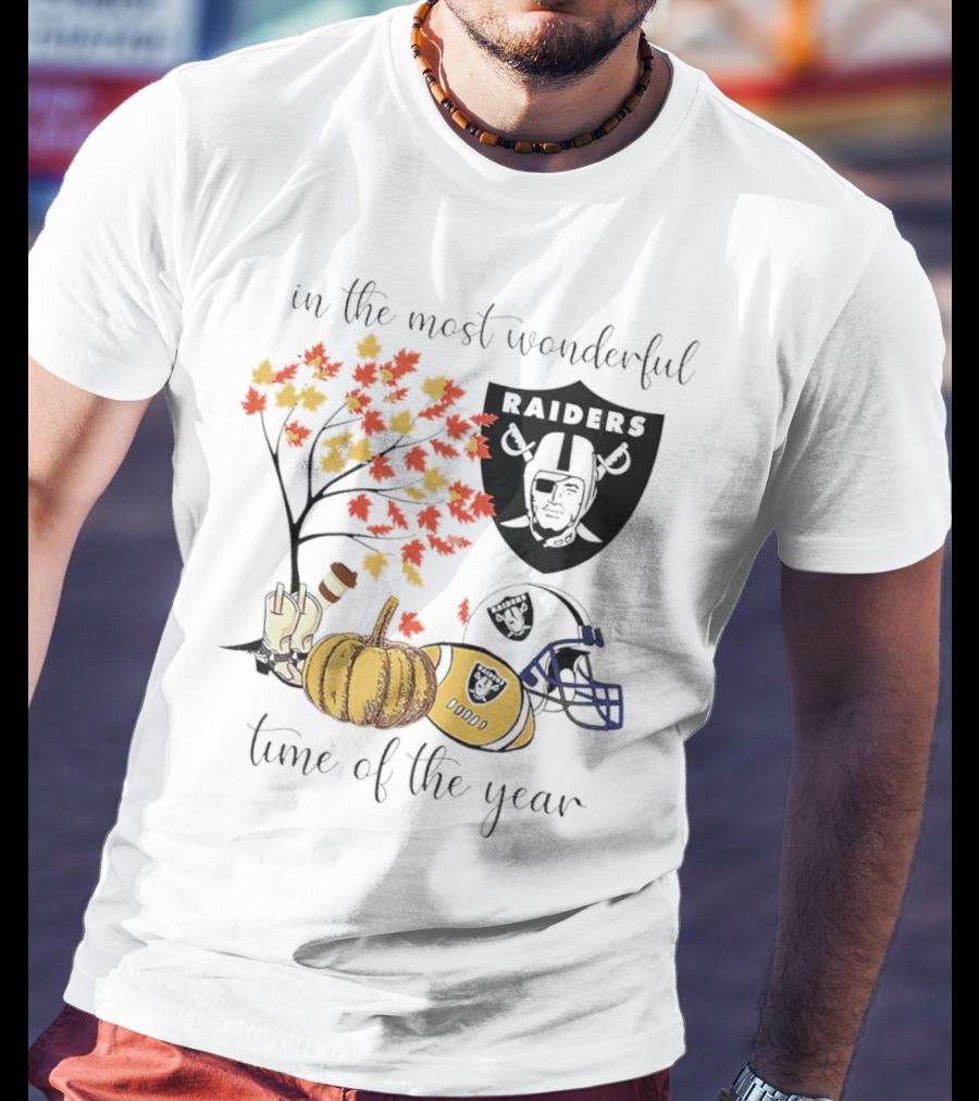 In The Most Wonderful Time Of The Year Raiders Football Thanksgiving Celebration With Autumn Leaves And Pumpkin T-Shirt