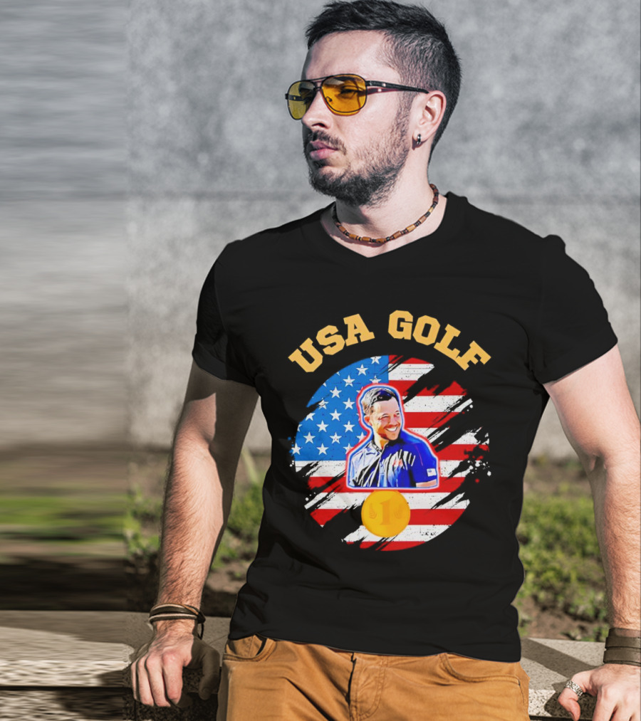 USA Golf Xander Schauffele USA Flag Gold Medal T-Shirt