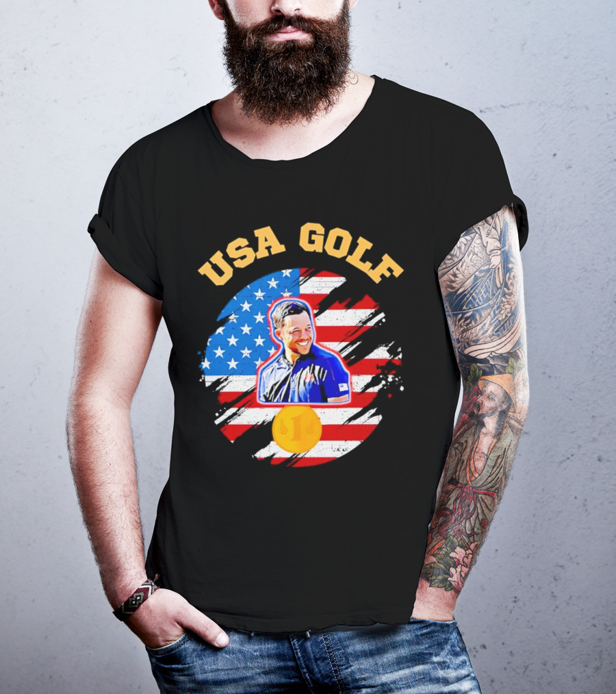 USA Golf Xander Schauffele USA Flag Gold Medal T-Shirt