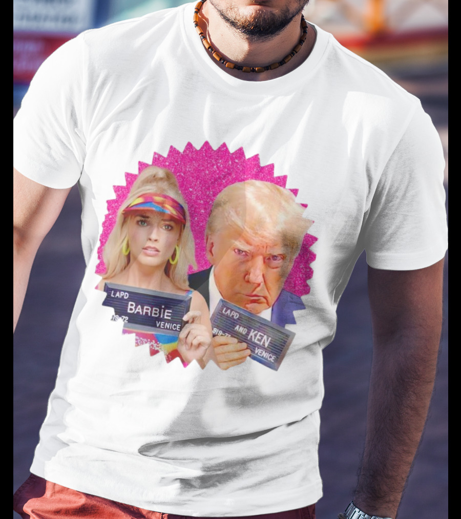LAPD Barbie Ken Mugshot Venice Glam Glitter Background T-Shirt