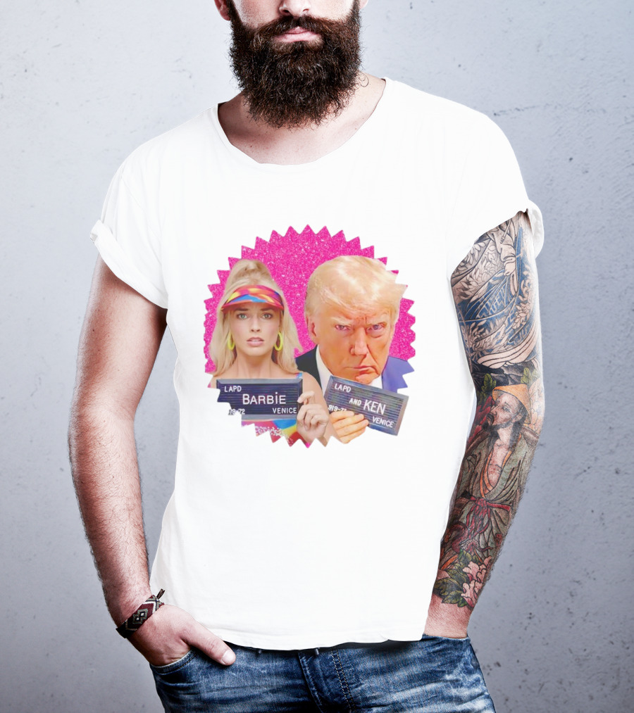 LAPD Barbie Ken Mugshot Venice Glam Glitter Background T-Shirt