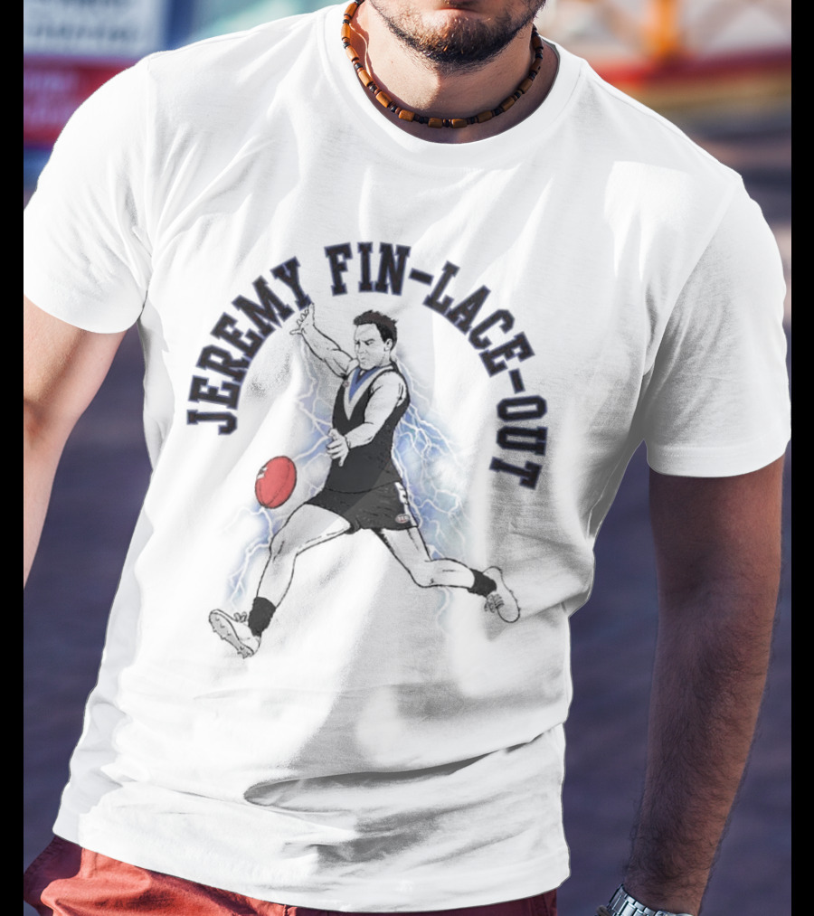 Jeremy Fin-lace-out AFL Kicking Action With Blue Lightning And Red Football T-Shirt