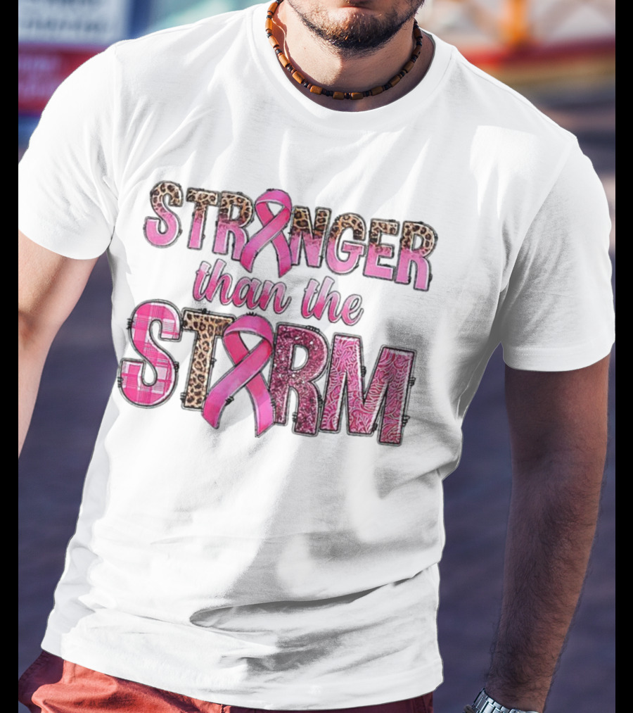 Stronger Than The Storm Breast Cancer Awareness Pink Ribbon Leopard Zebra Print T-Shirt