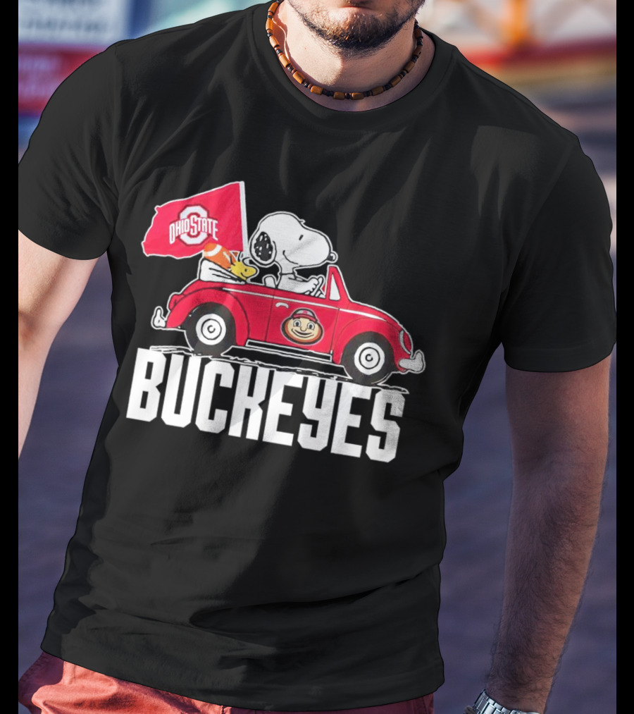 Snoopy And Woodstock Driving Red Car With Ohio State Buckeyes Flag T-Shirt
