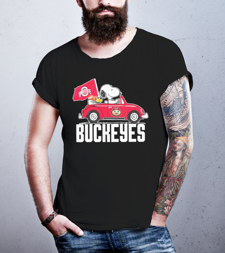 Snoopy And Woodstock Driving Red Car With Ohio State Buckeyes Flag T-Shirt
