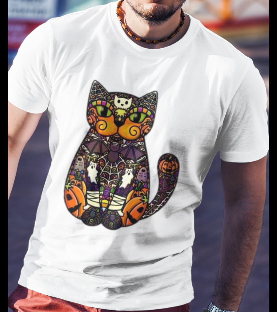 Halloween Cat With Pumpkins Ghosts And Bats T-Shirt