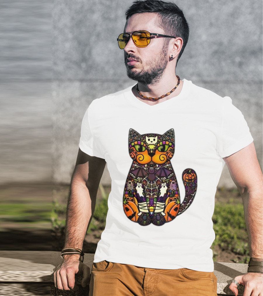 Halloween Cat With Pumpkins Ghosts And Bats T-Shirt