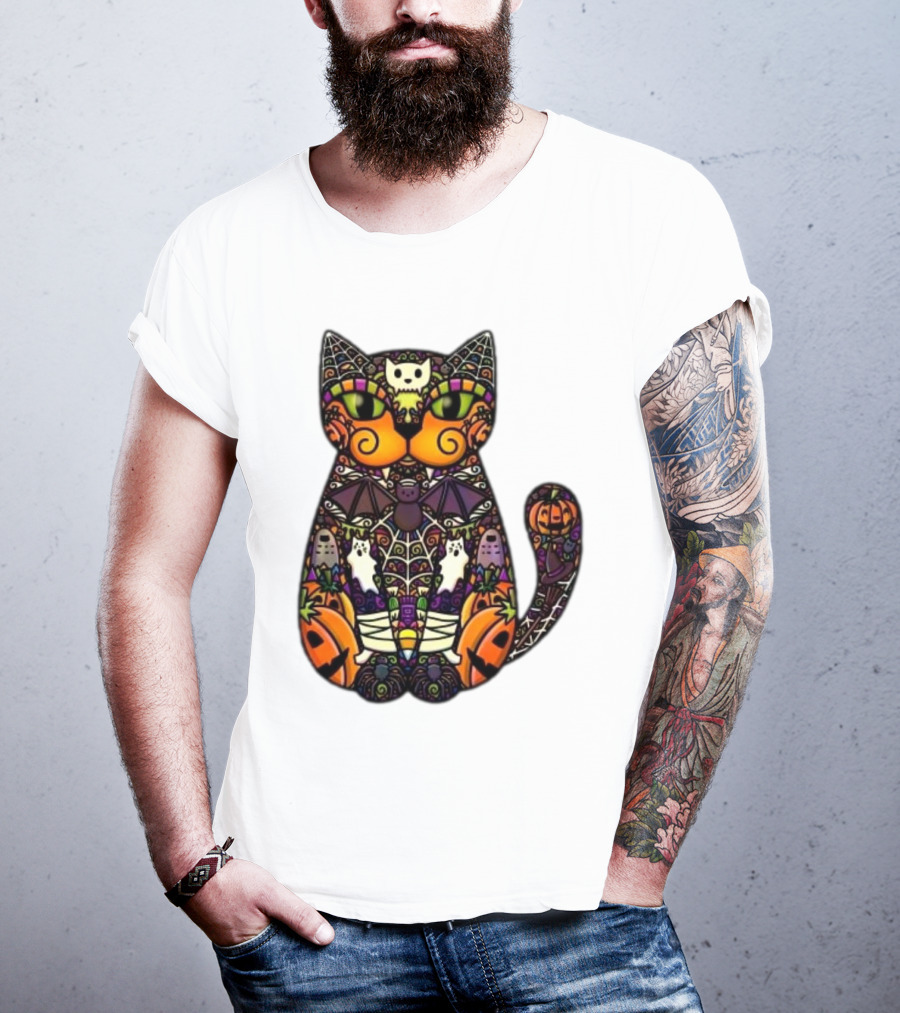 Halloween Cat With Pumpkins Ghosts And Bats T-Shirt
