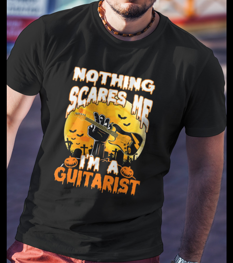 Nothing Scares Me I'm A Guitarist Music Vintage Halloween Graveyard Scene Guitar Hand Pumpkins Bats T-Shirt